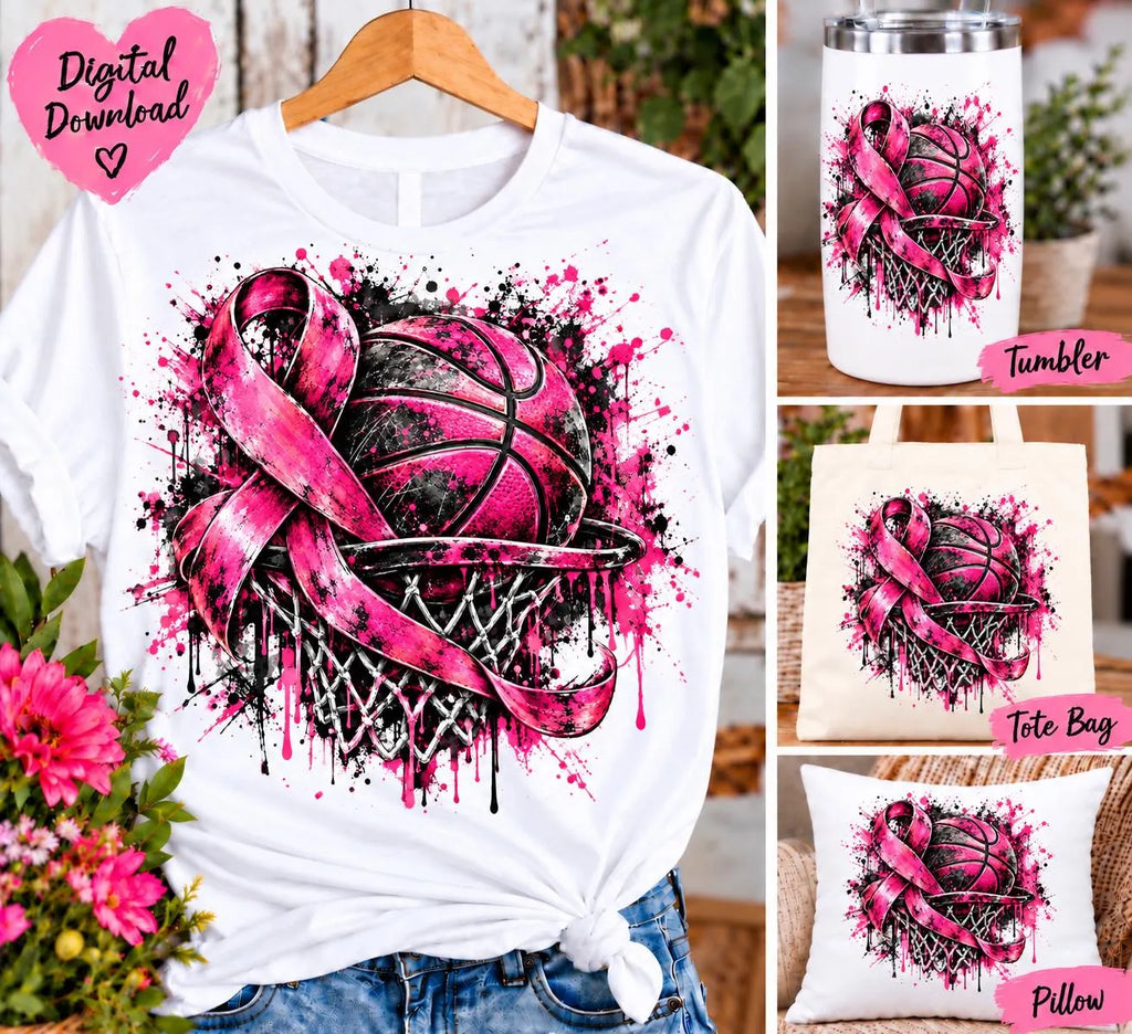 Basketball Breast Cancer Awareness PNG, Pink Ribbon Basketball Sublimation Design, Grunge Sports PNG, October Pink Digital Download