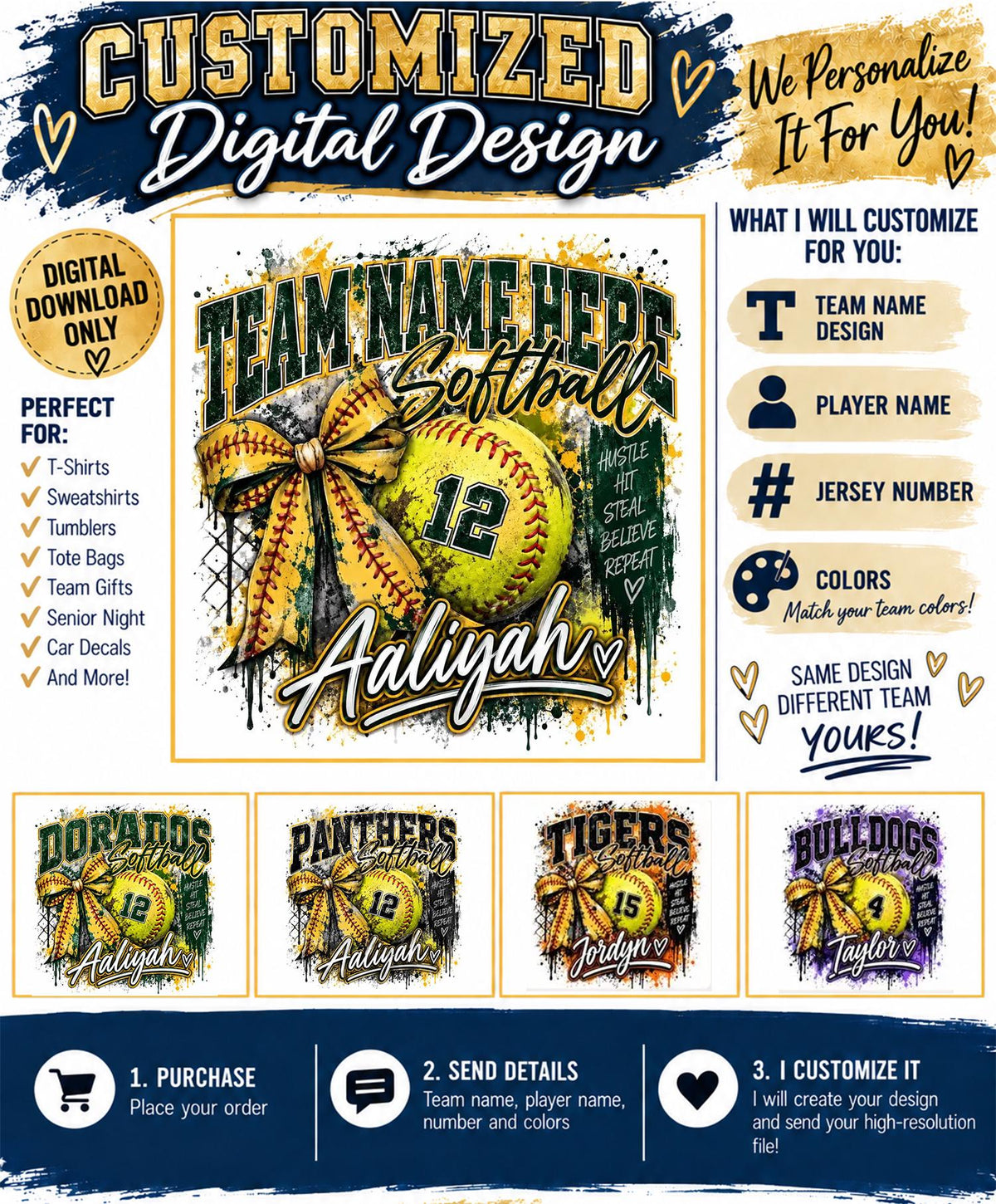 Custom Softball Digital Download, Personalized Team Shirt PNG, Softball Player Name Number Design, Customized Digital Download