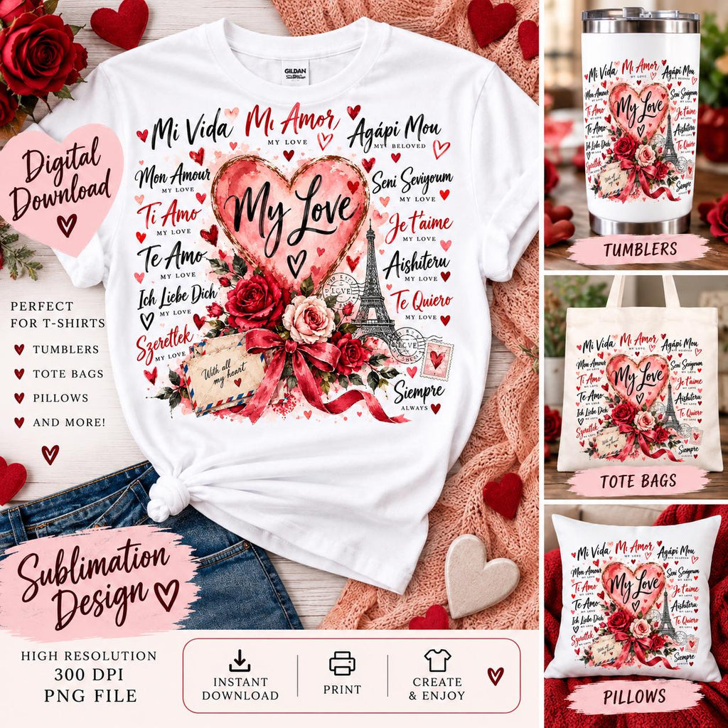 Valentine’s Day Sublimation PNG, My Love PNG, Multilingual Love Design, Mi Amor Mi Vida Agapi Mou, Romantic Tumbler Shirt PNG