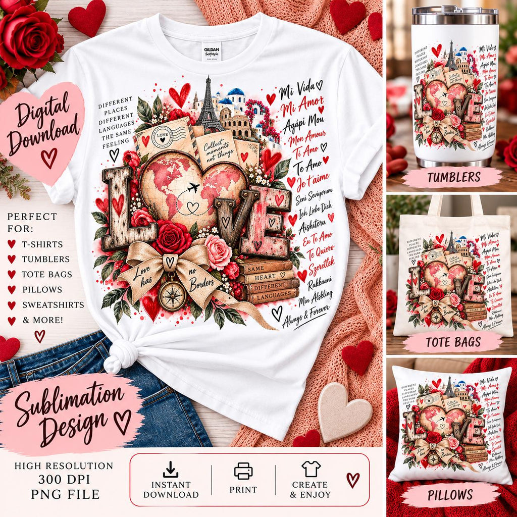 Valentine’s Day Sublimation PNG, Love Has No Borders PNG, Mi Amor Mi Vida Agapi Mou, Travel Love PNG, Multilingual Love Design