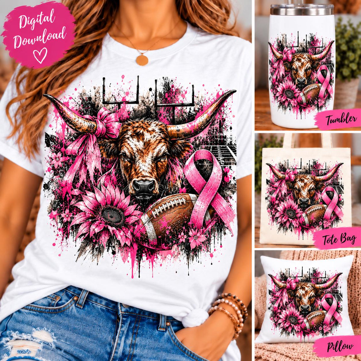 Longhorn Football Breast Cancer PNG, Pink Ribbon Football Sublimation, Longhorn Cancer Awareness Design, October Football PNG