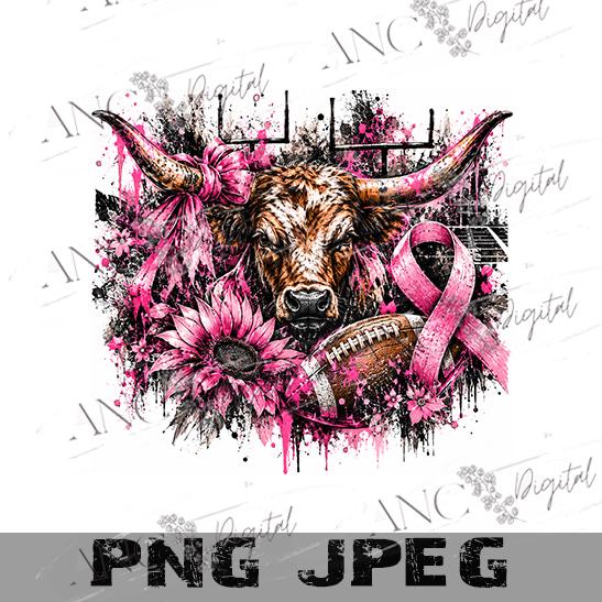 Longhorn Football Breast Cancer PNG, Pink Ribbon Football Sublimation, Longhorn Cancer Awareness Design, October Football PNG