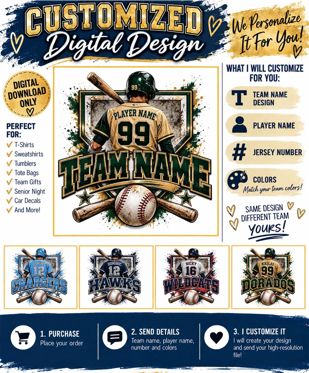 Custom Baseball Digital Design | Personalized Baseball PNG | Team Name Player Name Number | Baseball Sublimation Design
