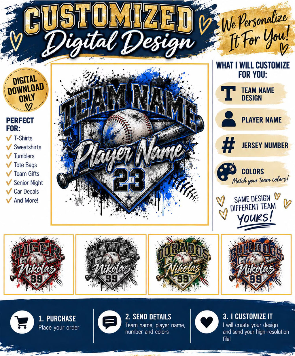 Custom Baseball Digital Design | Personalized Baseball PNG | Team Name Player Name Number | Baseball Sublimation Design