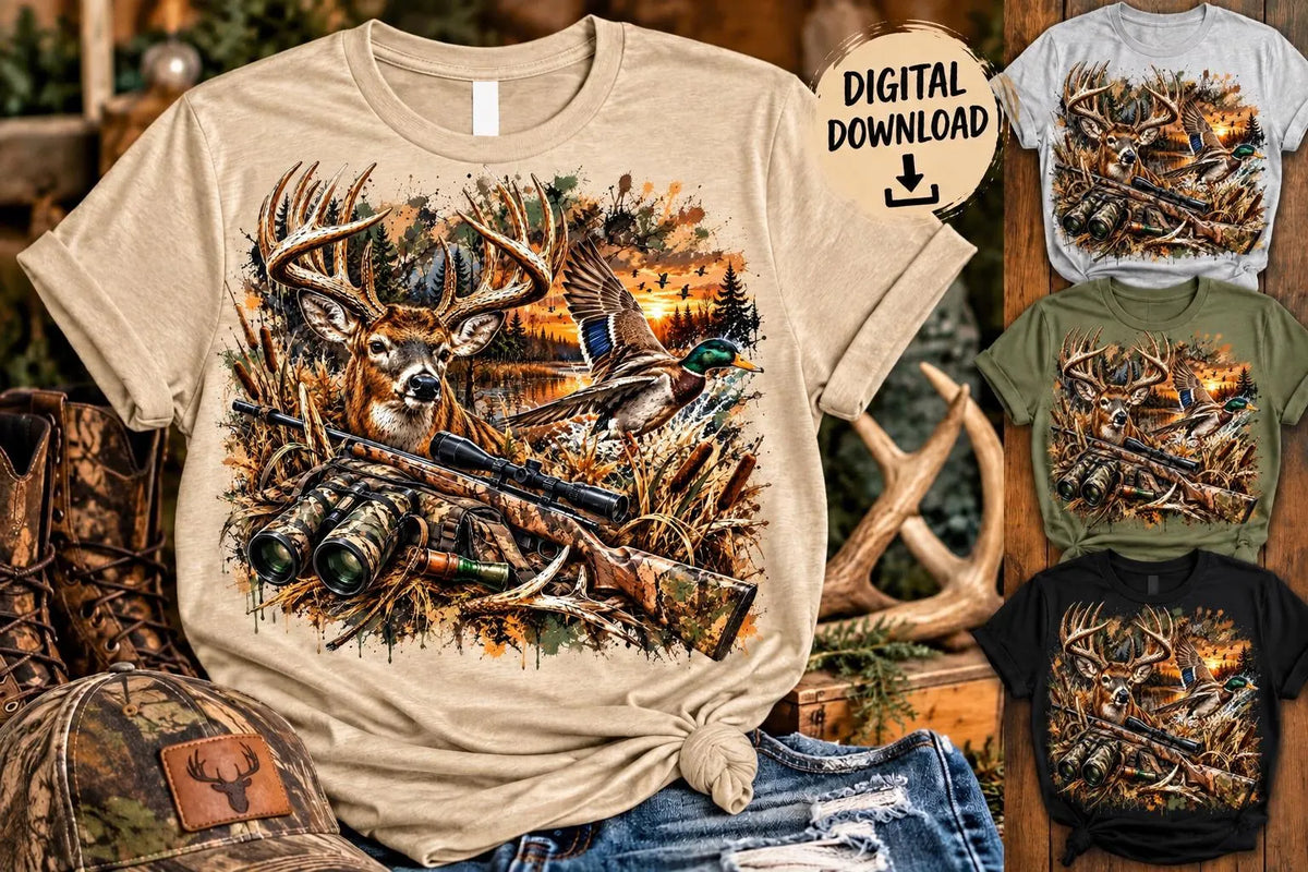 Hunting PNG, Deer Duck Hunting Sublimation, Buck Mallard Hunter PNG, Rifle Binoculars Hunting Design, Outdoors Digital Download