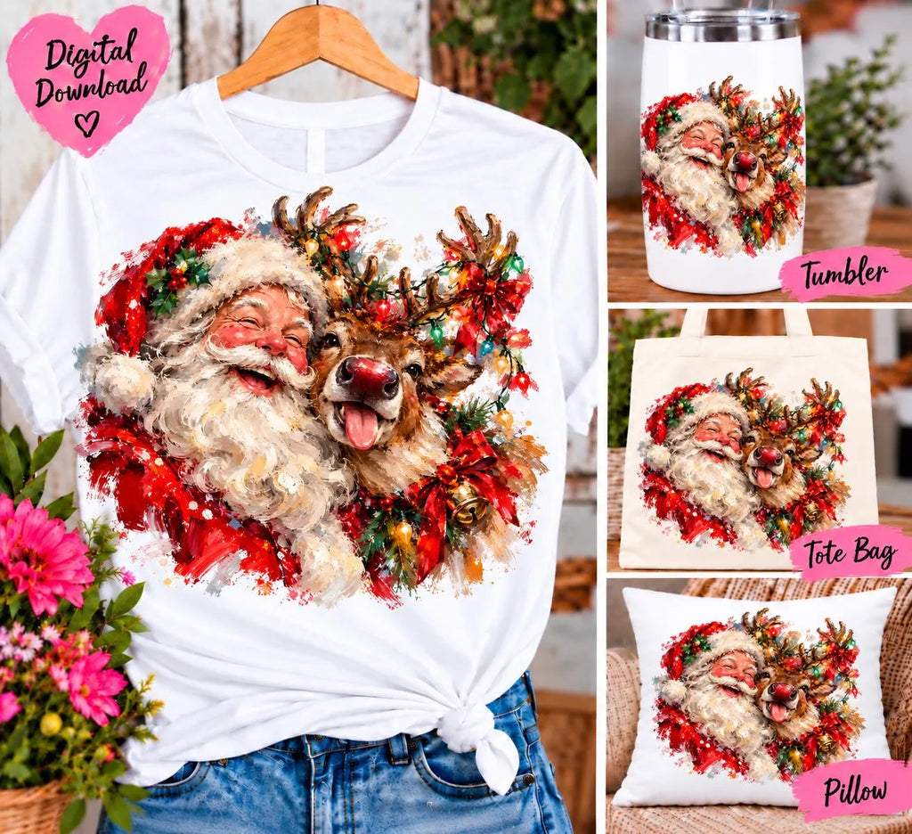 Santa & Reindeer Sublimation PNG, Christmas Oil Painting Design, Santa Claus Digital Download, Reindeer Christmas Shirt PNG
