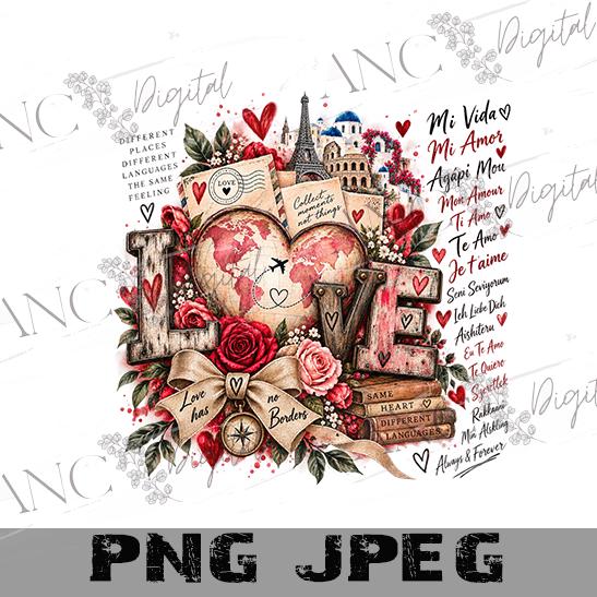 Valentine’s Day Sublimation PNG, Love Has No Borders PNG, Mi Amor Mi Vida Agapi Mou, Travel Love PNG, Multilingual Love Design