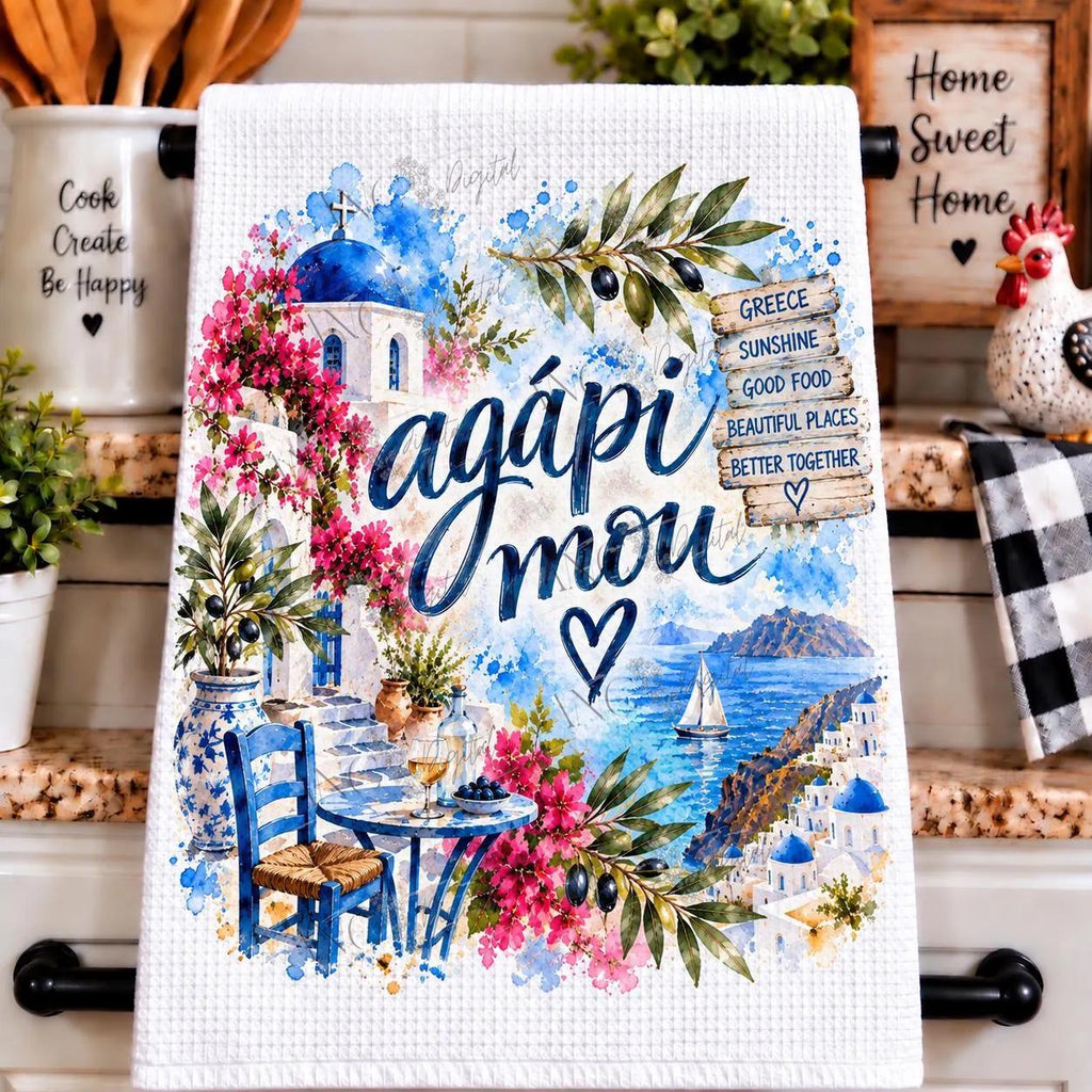 Agápi Mou Sublimation PNG, Greek Love Design, Greece Kitchen Towel PNG, Santorini Sublimation, Mediterranean Digital Download