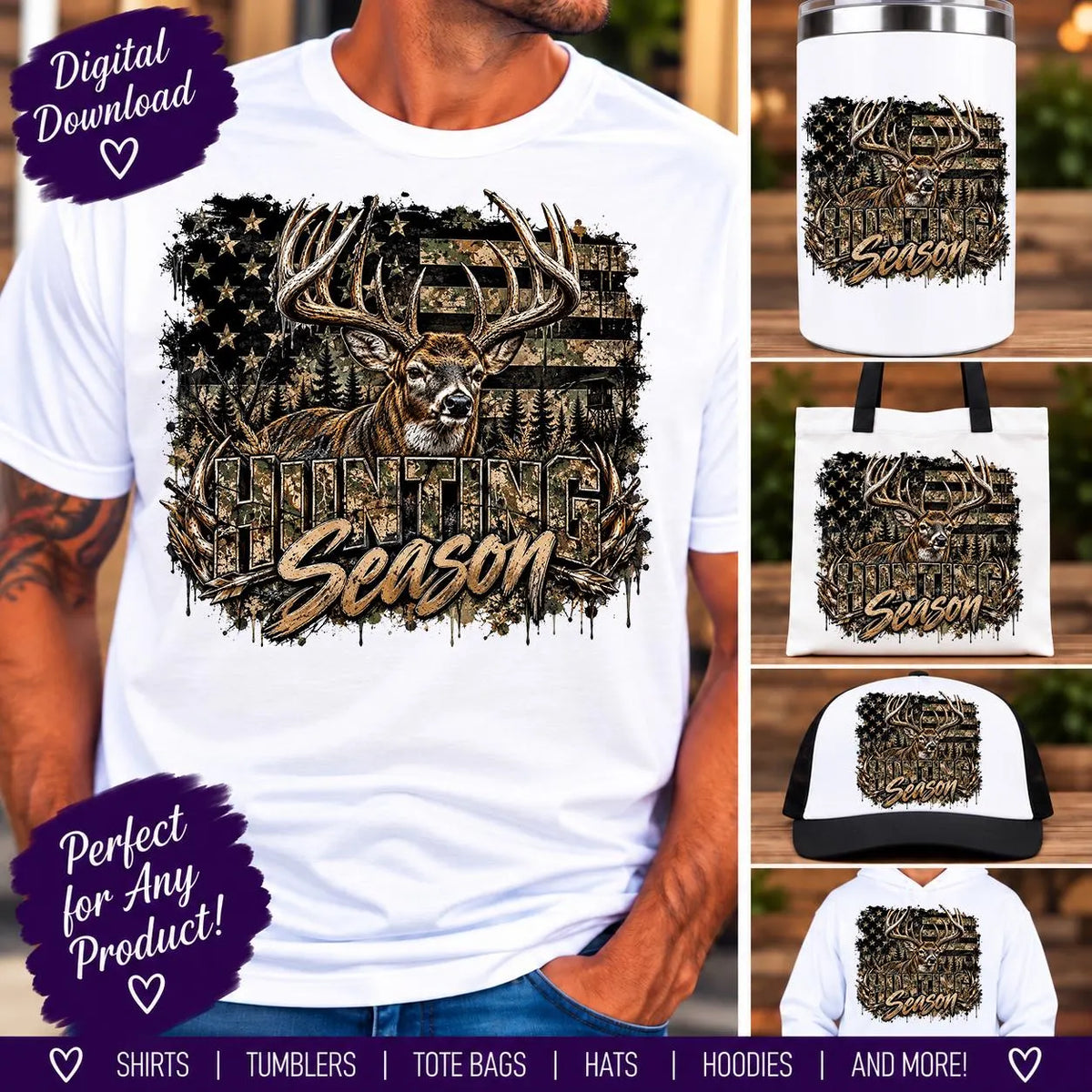 Hunting Season PNG, Buck Deer Sublimation Design, Camo American Flag Hunting PNG, Deer Hunter Shirt Design, Digital Download