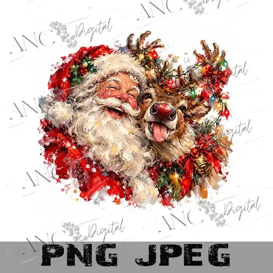 Santa & Reindeer Sublimation PNG, Christmas Oil Painting Design, Santa Claus Digital Download, Reindeer Christmas Shirt PNG