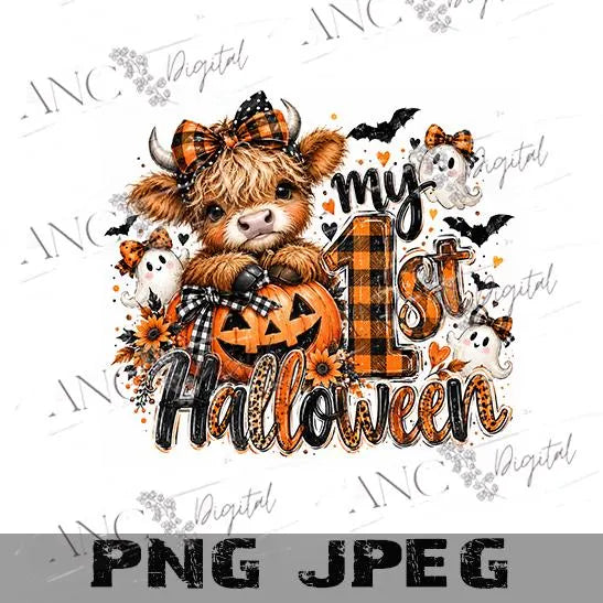 My 1st Halloween PNG, Baby First Halloween Sublimation, Cute Highland Cow Halloween PNG, Pumpkin Ghost Baby Shirt Design, Digital Download
