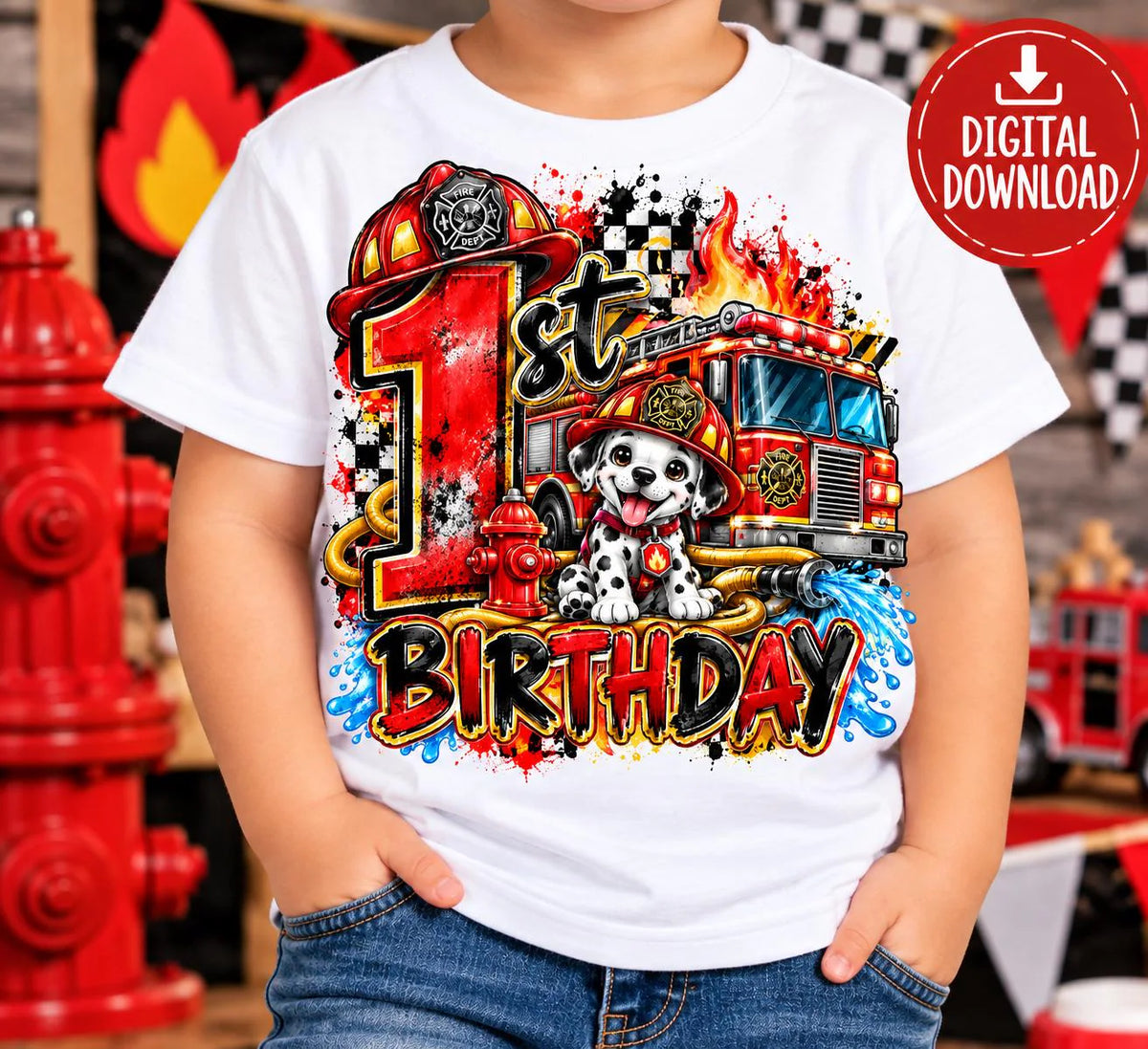 1st Birthday Firefighter Sublimation PNG | Fire Truck Birthday Design | First Birthday Boy PNG | Firefighter Puppy Digital Download