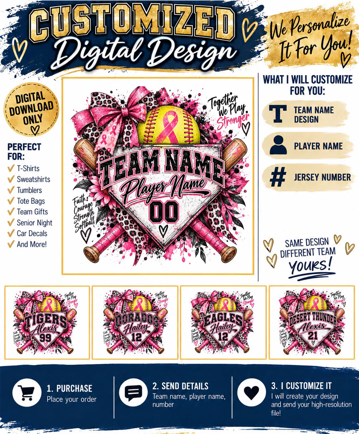 Personalized Breast Cancer Softball PNG | Custom Team Name, Player Name & Number | Breast Cancer Awareness Softball | Digital Download