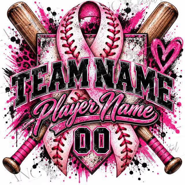 Custom Baseball Breast Cancer Awareness PNG, Personalized Team Name Player Name Number, Pink Ribbon Baseball Sublimation Design