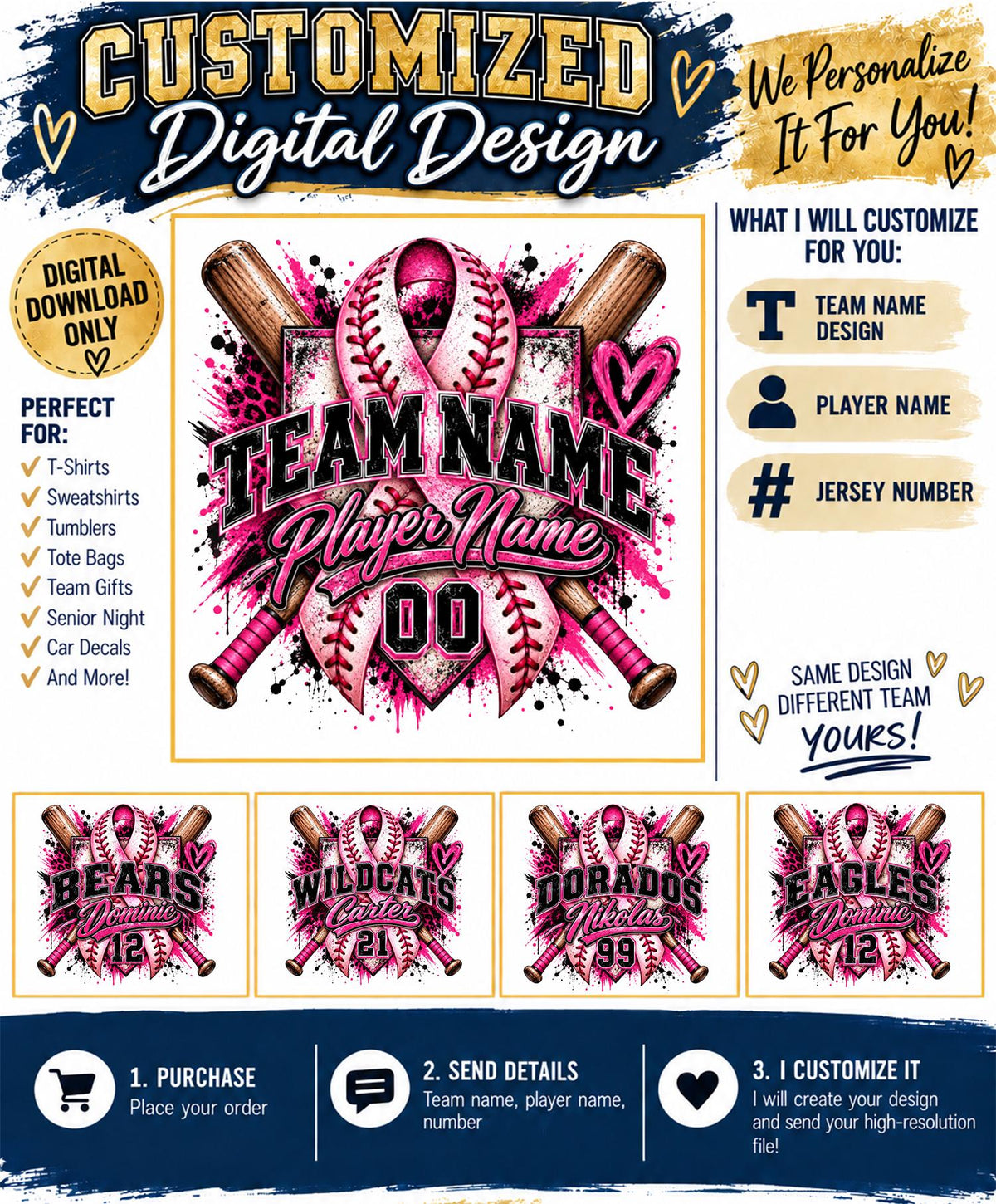 Custom Baseball Breast Cancer Awareness PNG, Personalized Team Name Player Name Number, Pink Ribbon Baseball Sublimation Design