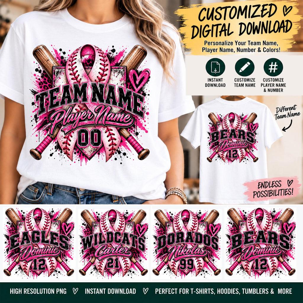 Custom Baseball Breast Cancer Awareness PNG, Personalized Team Name Player Name Number, Pink Ribbon Baseball Sublimation Design