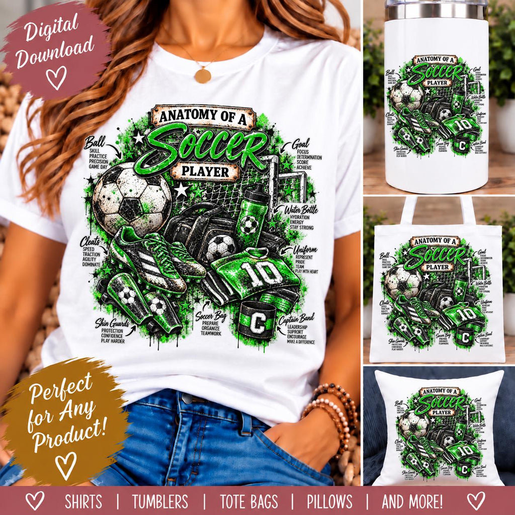 Anatomy of a Soccer Player PNG, Soccer Sublimation Design, Soccer Player PNG, Green Soccer Shirt Design, Grunge Sports Digital Download