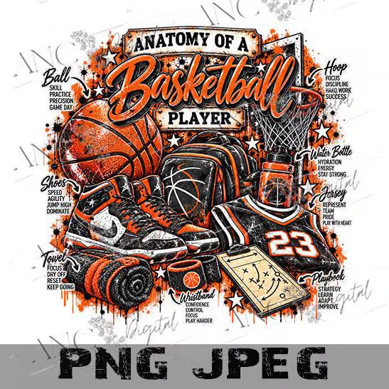 Anatomy of a Basketball Player PNG, Basketball Sublimation Design, Basketball Player PNG, Orange Grunge Sports Digital Download