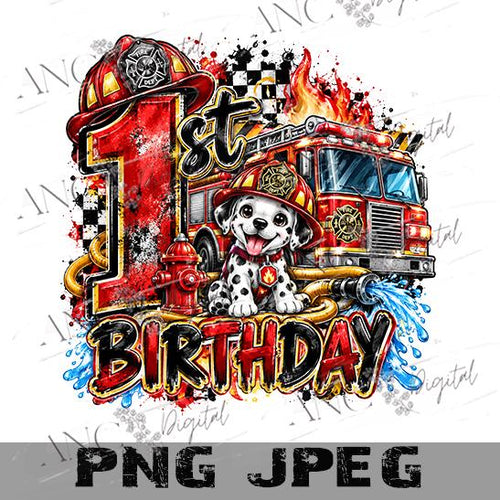 1st Birthday Firefighter Sublimation PNG | Fire Truck Birthday Design | First Birthday Boy PNG | Firefighter Puppy Digital Download