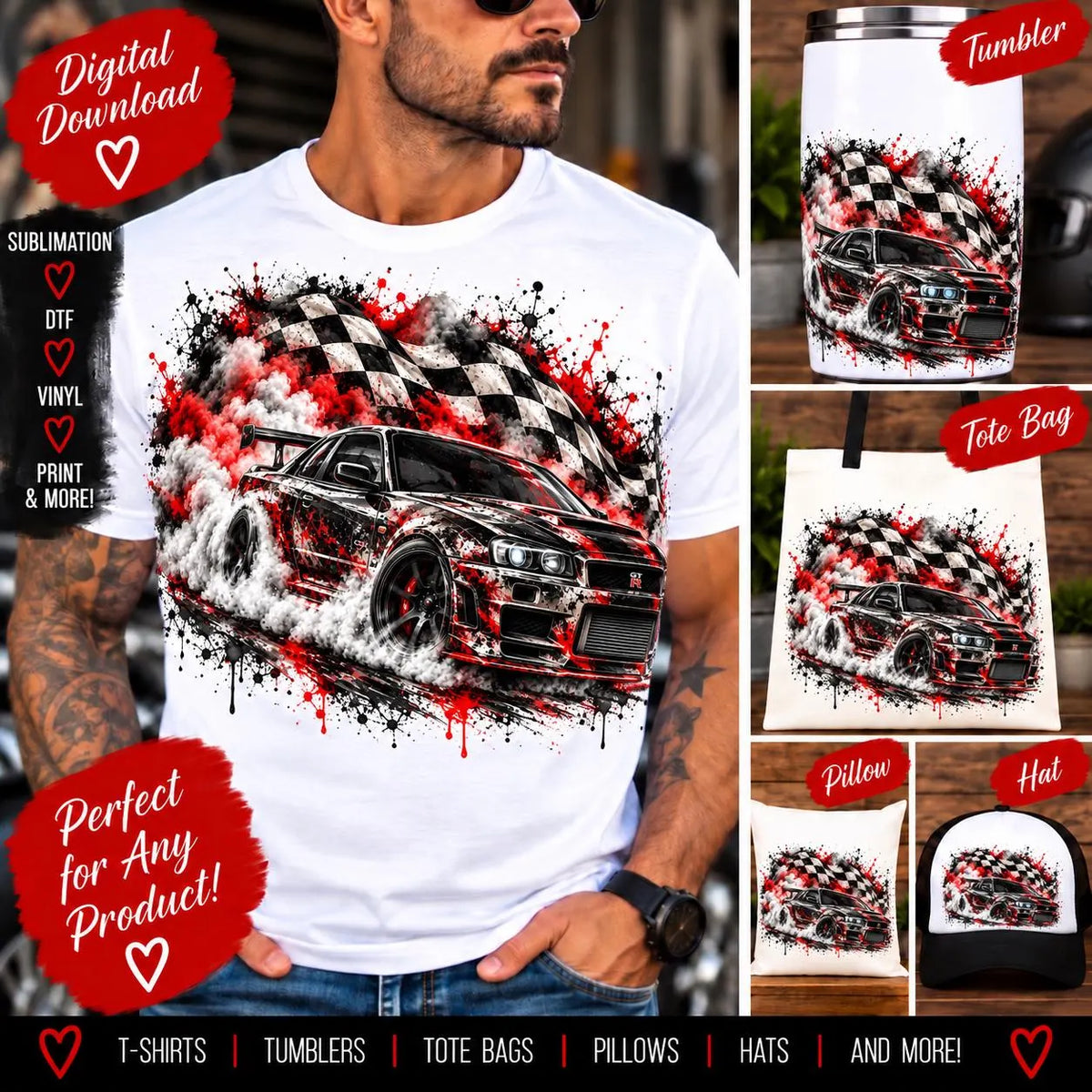 Skyline Race Car PNG, JDM Street Racing Sublimation Design, Grunge Drift Car PNG, Checkered Flag Racing Digital Download