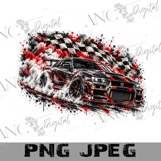 Skyline Race Car PNG, JDM Street Racing Sublimation Design, Grunge Drift Car PNG, Checkered Flag Racing Digital Download