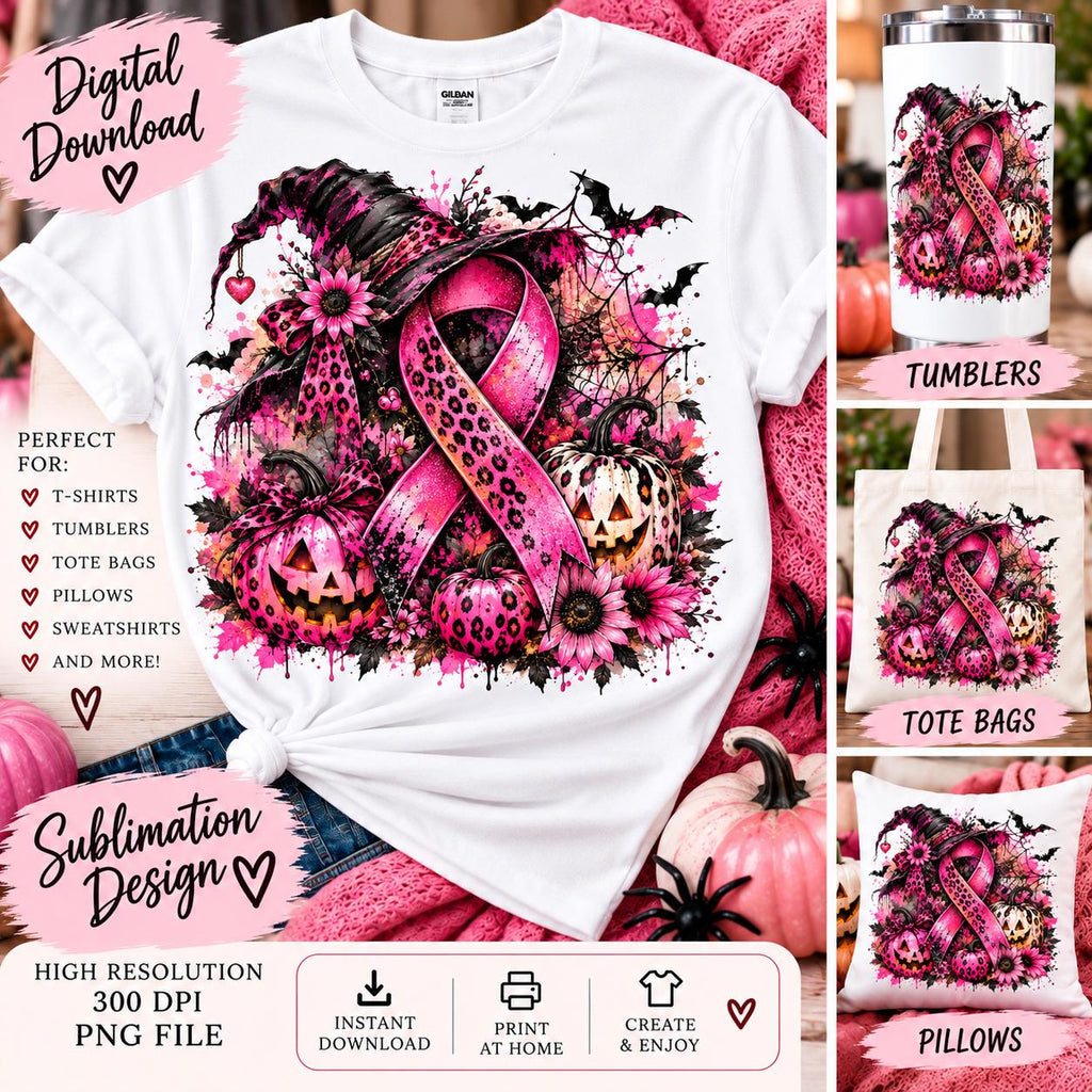 Breast Cancer Awareness PNG, Halloween Pink Ribbon Sublimation, Witch Hat Pumpkin PNG, Pink October Design, Spooky Digital Download