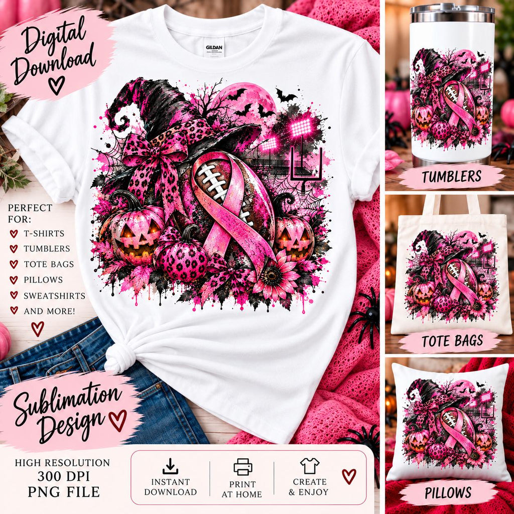 Breast Cancer Football PNG, Halloween Pink Out Sublimation, Pink Ribbon Football PNG, Witch Pumpkin Design, October Digital Download