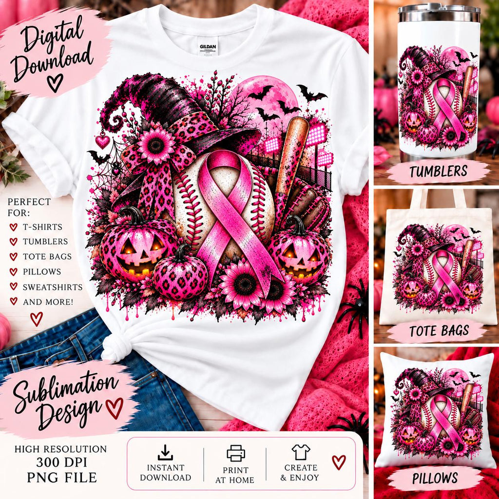 Breast Cancer Baseball PNG, Halloween Pink Out Sublimation, Pink Ribbon Baseball PNG, Witch Pumpkin Design, October Digital Download