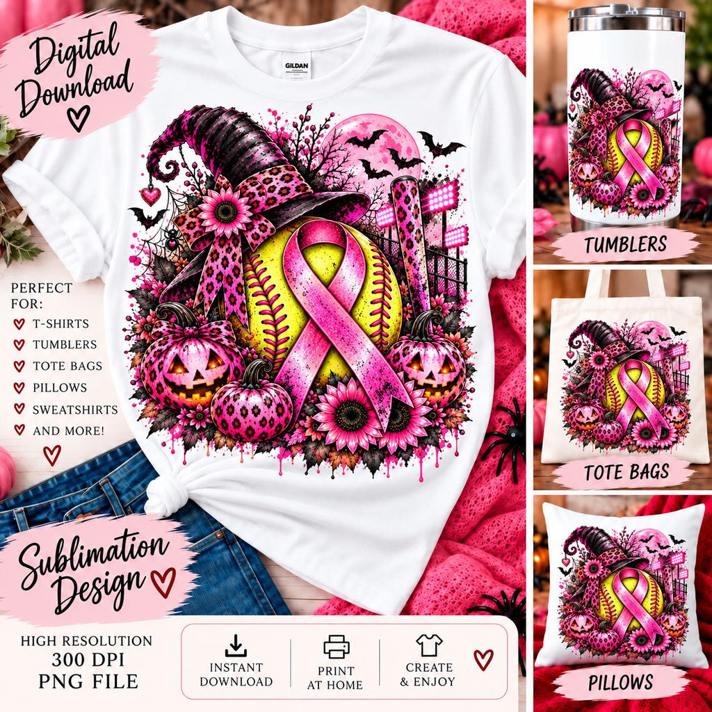 Breast Cancer Softball PNG, Halloween Pink Out Sublimation, Pink Ribbon Softball PNG, Witch Pumpkin Design, October Digital Download