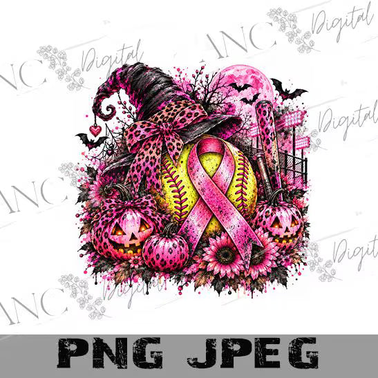 Breast Cancer Softball PNG, Halloween Pink Out Sublimation, Pink Ribbon Softball PNG, Witch Pumpkin Design, October Digital Download