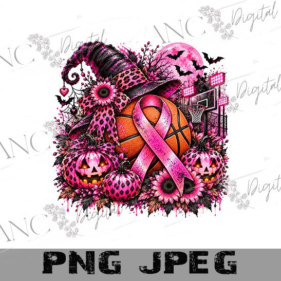 Breast Cancer Basketball PNG, Halloween Pink Out Sublimation, Pink Ribbon Basketball PNG, Witch Pumpkin Design, October Digital Download