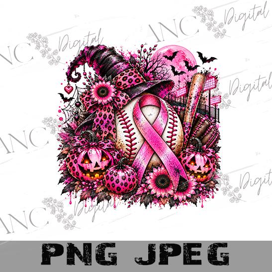 Breast Cancer Baseball PNG, Halloween Pink Out Sublimation, Pink Ribbon Baseball PNG, Witch Pumpkin Design, October Digital Download