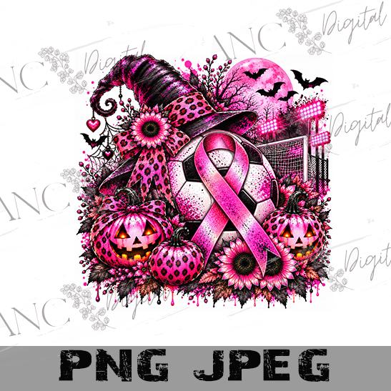 Breast Cancer Soccer PNG, Halloween Pink Out Sublimation, Pink Ribbon Soccer PNG, Witch Pumpkin Design, October Digital Download