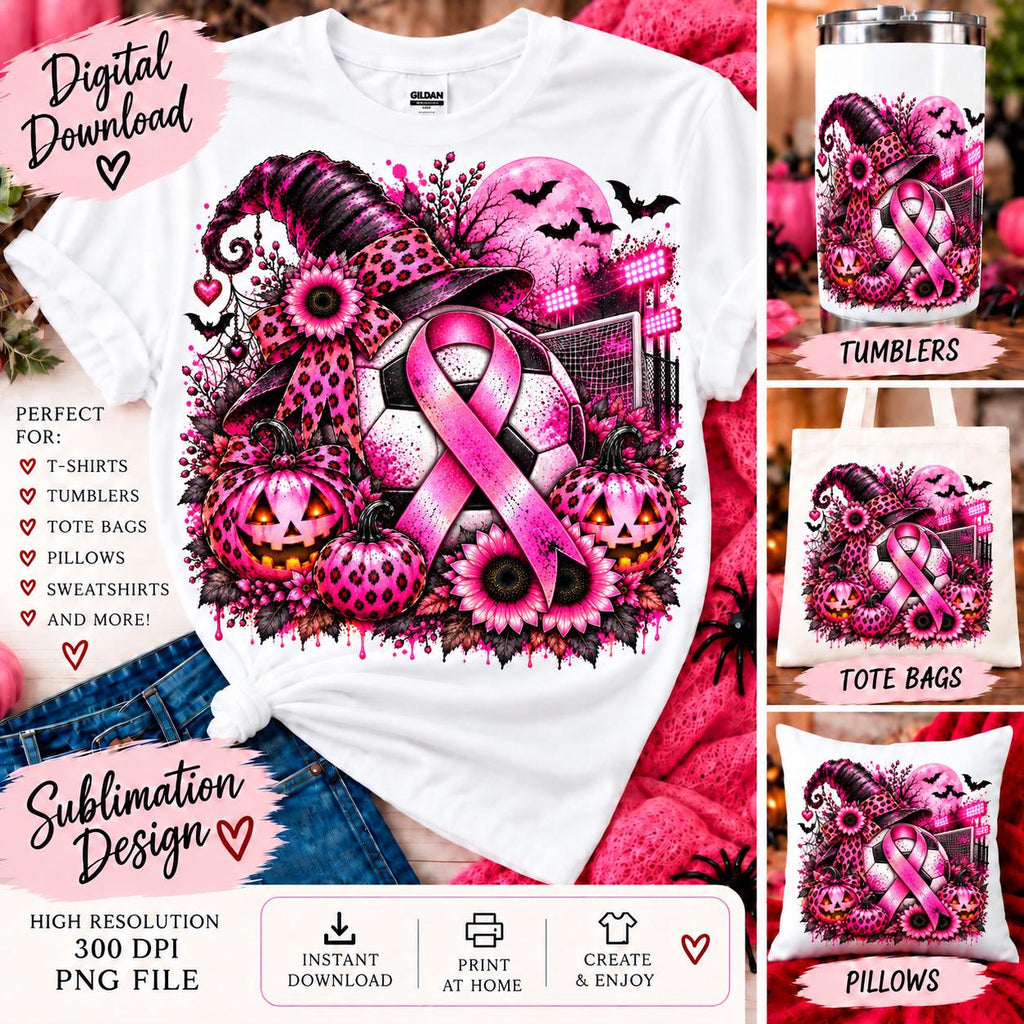 Breast Cancer Soccer PNG, Halloween Pink Out Sublimation, Pink Ribbon Soccer PNG, Witch Pumpkin Design, October Digital Download