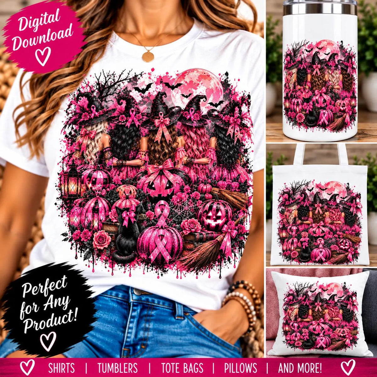 October We Wear Pink PNG, Breast Cancer Awareness Witch Sublimation, Halloween Pink Ribbon Digital Download
