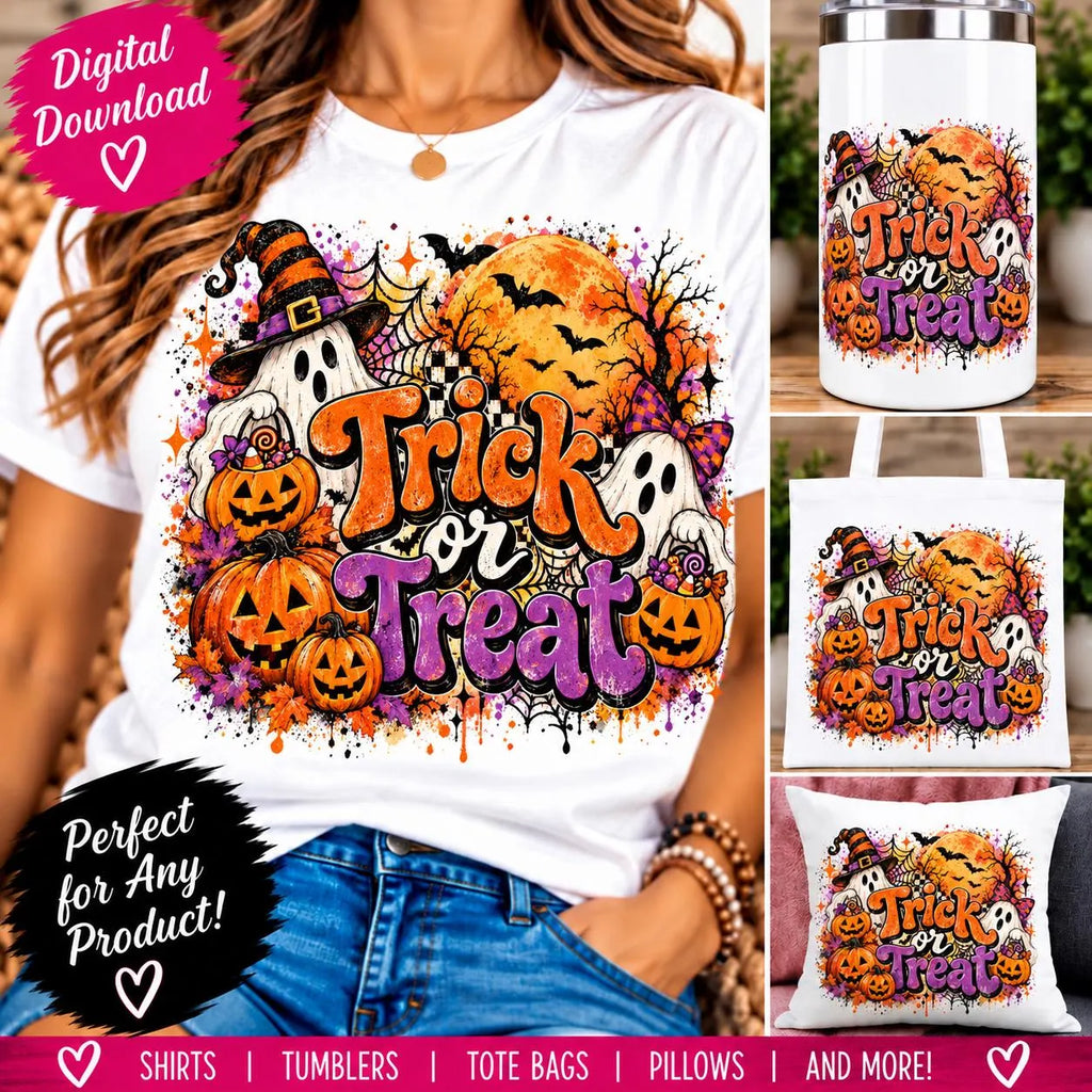 Retro Trick or Treat PNG, Halloween Sublimation Design, Ghost Pumpkin PNG, Vintage Halloween Digital Download, Spooky Shirt Design