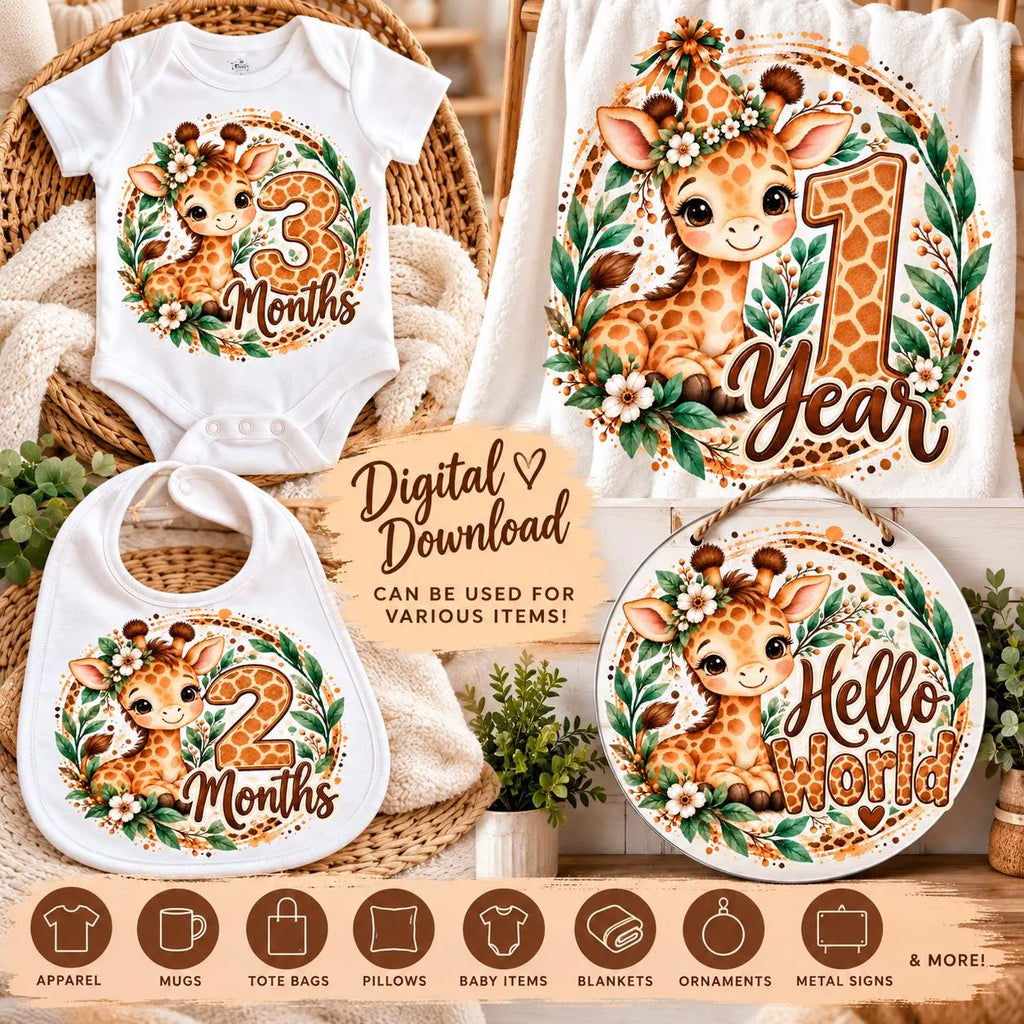Baby Giraffe Milestone PNG Bundle, 1-11 Months, 1 Year Birthday, Hello World, Baby Monthly Milestone Sublimation, 13 Digital Files
