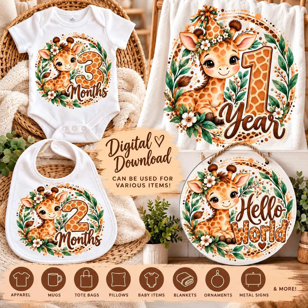 Baby Giraffe Milestone PNG Bundle, 1-11 Months, 1 Year Birthday, Hello World, Baby Monthly Milestone Sublimation, 13 Digital Files