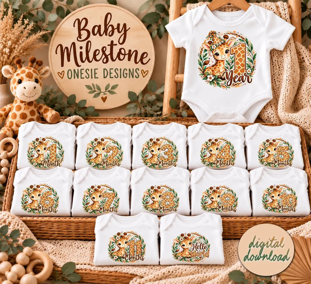 Baby Giraffe Milestone PNG Bundle, 1-11 Months, 1 Year Birthday, Hello World, Baby Monthly Milestone Sublimation, 13 Digital Files