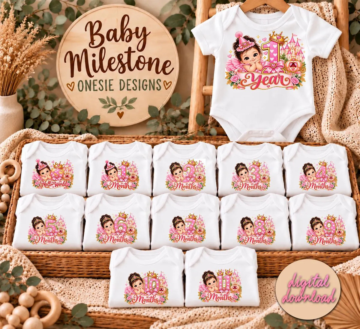 Princess Baby Milestone PNG Bundle: 1-11 Months, 1 Year and Hello World . Baby Monthly Milestone Sublimation, 13 Digital Files