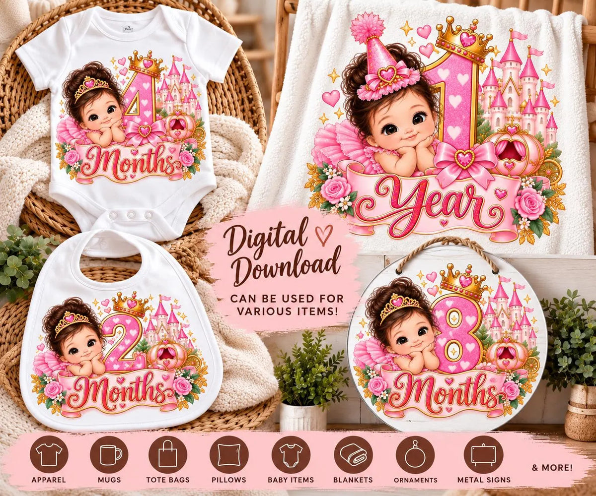 Princess Baby Milestone PNG Bundle: 1-11 Months, 1 Year and Hello World . Baby Monthly Milestone Sublimation, 13 Digital Files