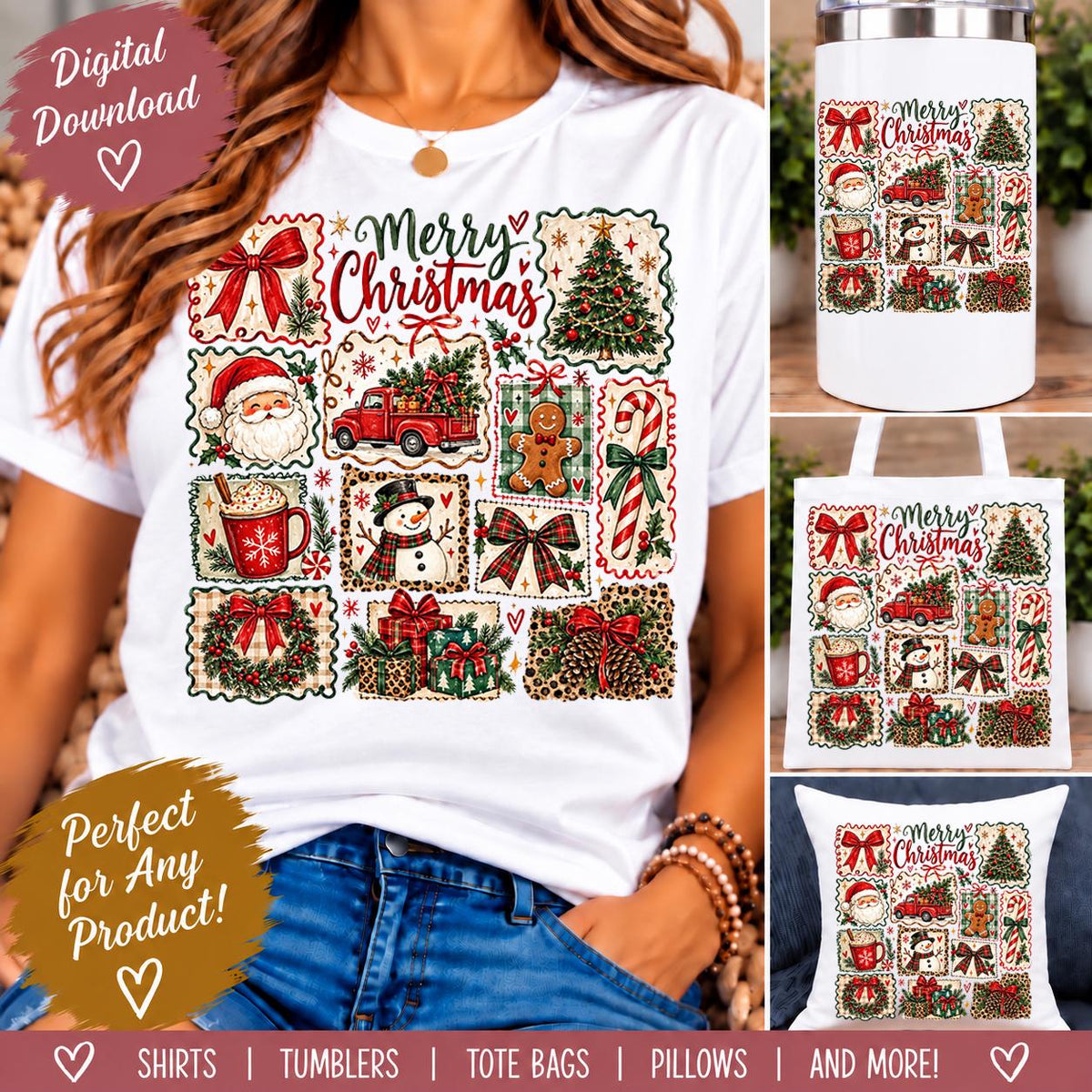 Merry Christmas PNG | Christmas Collage Sublimation Design | Santa Snowman Gingerbread Christmas PNG | Holiday Digital Download