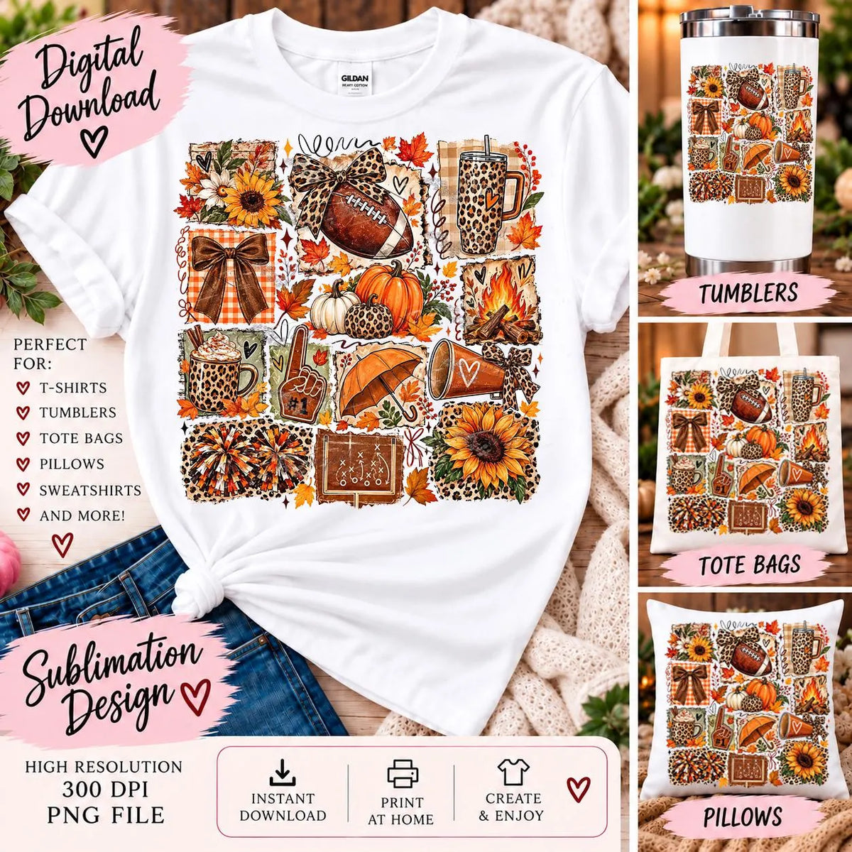 Fall Football Sublimation PNG | Game Day Football Design | Autumn Leopard Print Collage | Pumpkin Cheer Digital Download