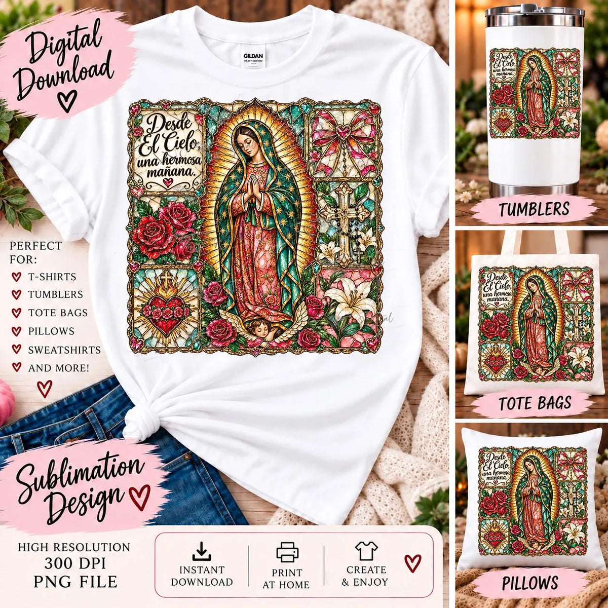 Virgin de Guadalupe Sublimation PNG | Desde El Cielo Una Hermosa Mañana | Stained Glass Guadalupe Design | Religious Digital Download