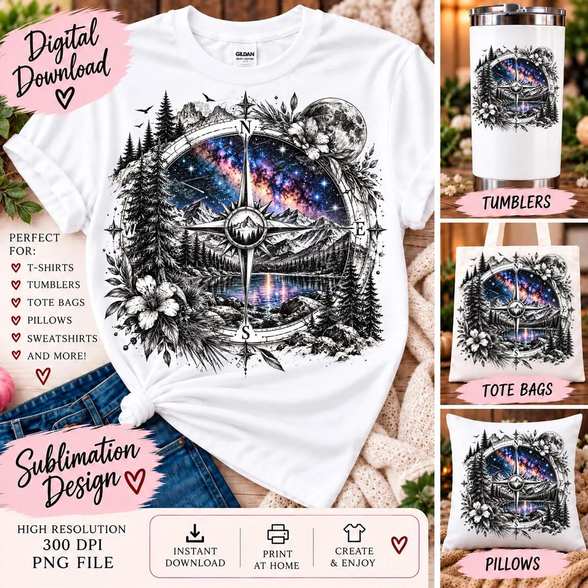 Milky Way Compass PNG, Galaxy Travel Sublimation Design, Mountain Compass PNG, Black White Galaxy Digital Download, Adventure PNG