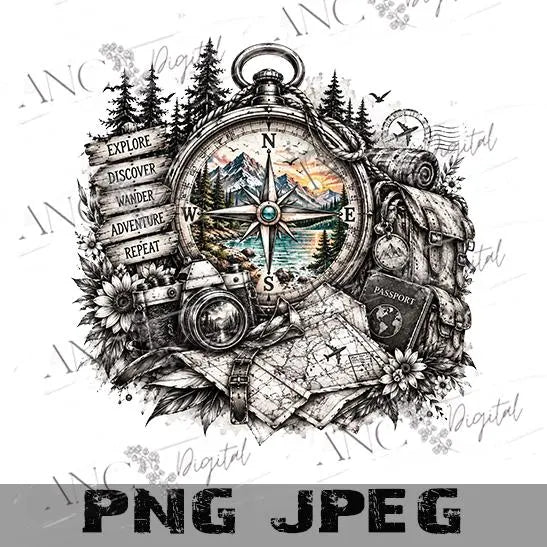Travel Compass PNG, Sketch Adventure Sublimation Design, Black and White Travel PNG, Wanderlust Compass Digital Download, Explorer PNG