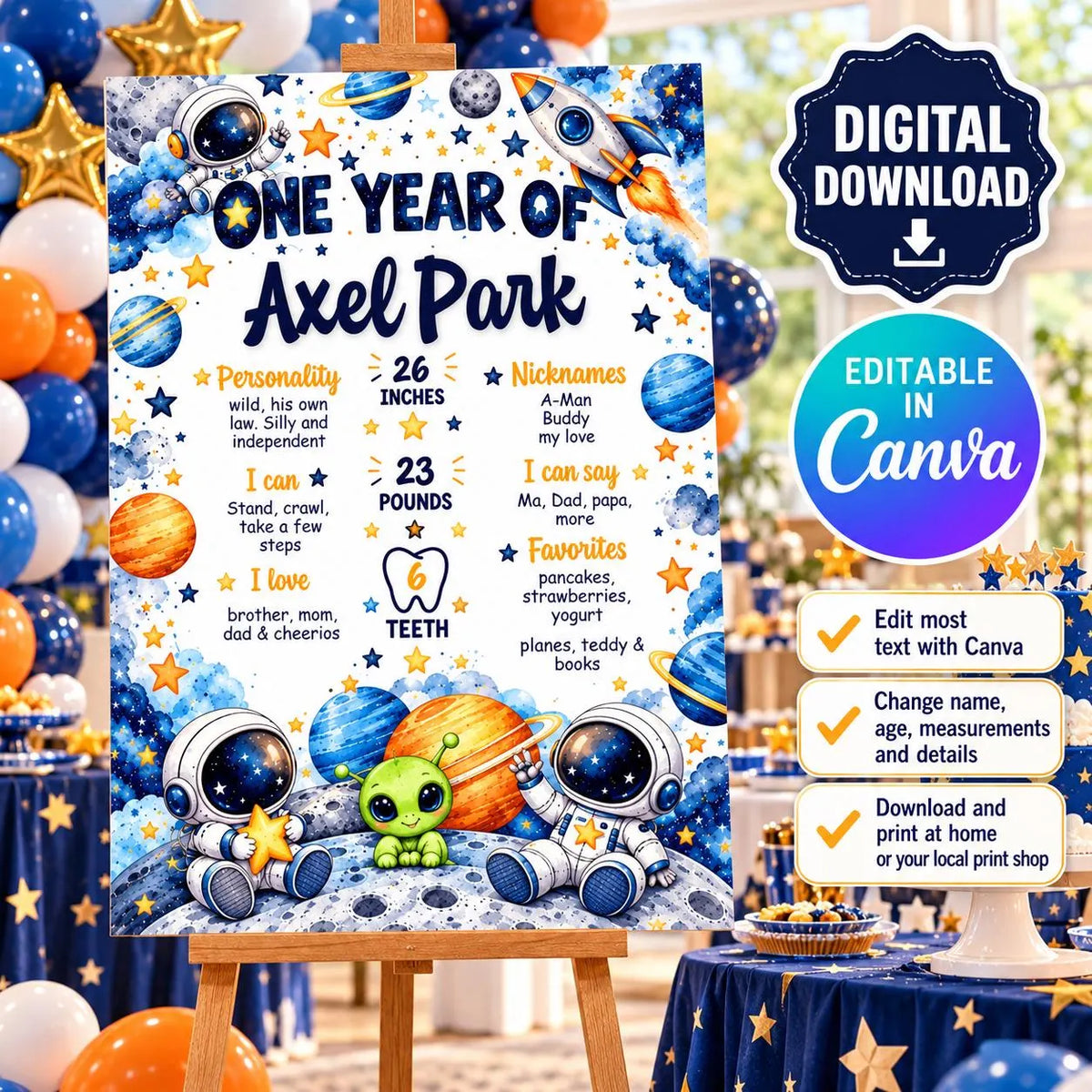 Space First Birthday Milestone Poster Editable Canva Template, One Year Old Birthday Sign, Astronaut Party Decor, Digital Download