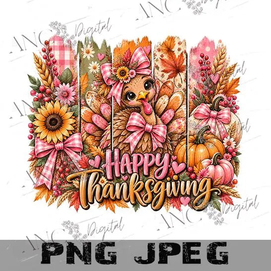 Coquette Thanksgiving PNG, Happy Thanksgiving Turkey PNG, Pink Bow Pumpkin Sublimation, Cute Fall Turkey Digital Download