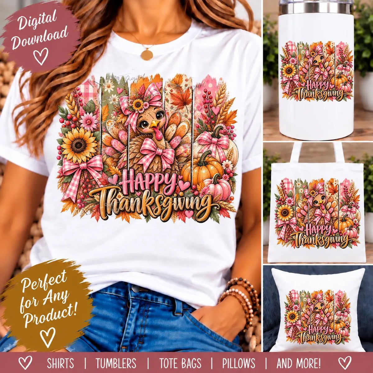 Coquette Thanksgiving PNG, Happy Thanksgiving Turkey PNG, Pink Bow Pumpkin Sublimation, Cute Fall Turkey Digital Download