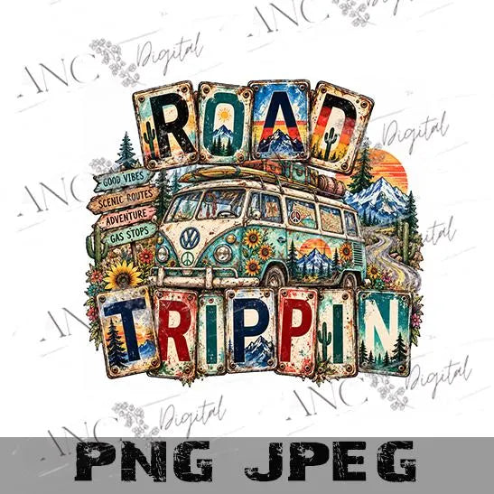 Road Trippin Sublimation PNG,  Bus Road Trip Design, License Plate Travel PNG, Vintage Camper Sublimation, Adventure Digital Download